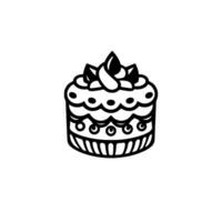 A simple, circular black and white lineart of a decorated cake with cream, dots, and leaf decorations on a blank white background, perfect for bakery designs. vector