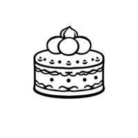Simple Illustration of a Round Layered Cake with Creamy Topping and Smiling Faces, Black and White Minimalist . vector