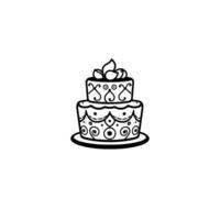 Intricately detailed twotiered cake illustration, adorned with floral details and simple toppings, set against a clean white background. vector
