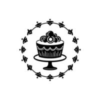 Elegant Black White Cake on a Stand, Adorned within a Decorative Floral Wreath for Culinary Celebration. vector