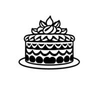 A stylized monochrome illustration of a layered cake, adorned with decorative frosting, flowers, and a minimalist on a white background. vector
