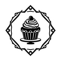 A meticulously crafted monochrome illustration, a cupcake with intricate frosting and a cherry sits elegantly within a decorative, geometric diamond frame, evoking a sense of classic bakery charm. vector