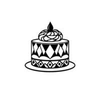 Black and white illustration of a decorated cake with geometric patterns, a swirl frosting top, and a teardropshaped decoration. vector
