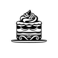 Elegant Black and White Cake Illustration Layered Dessert with Swirled Frosting on a Plate, Decorative Flourishes and a Simple, Clean Style. vector