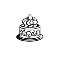 Elegant monochrome illustration of a round cake with elaborate cream topping and decorative scrollwork, presented on a plate against a white backdrop. vector
