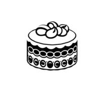 Black and white illustration of a round layered cake with intricate circular and scalloped decorative patterns, topped with stylized swirl frosting. vector