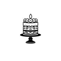 Elegant black and white line art illustration of a layered cake with decorative swirls and a single candle on a cake stand. vector