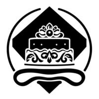 Stylized Black and White Illustration of a TwoTier Cake with Ornate Decorations, Set Within a Geometric Frame. vector