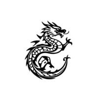 A stylized black and white dragon emblem, curled in a circular pattern, with intricate tribal designs. vector