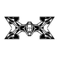Futuristic symmetrical black and white spaceship , geometric shape with pilot cabin in the center, with a dynamic and modern aesthetic. vector