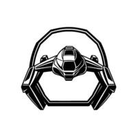 Futuristic spaceship silhouette framed by a geometric halo, rendered in bold black and white lines. vector