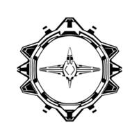 Abstract Black and White Geometric Featuring a Central Starburst or Arrowhead Symbol Within an Intricate GearLike Circular Frame. vector