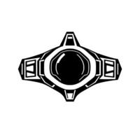 Futuristic, symmetrical, black and white minimalist illustration of a scifi or techinspired device or piece of equipment, resembling a watch or control panel. vector