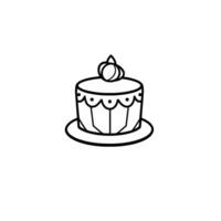 Minimalist black and white illustration of a small, decorated cake with a simple topping, centered on a white background. vector