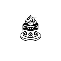 A minimalist monochrome illustration of a small, decorated cake with whipped cream on a simple plate. vector