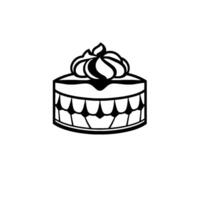 Monochromatic stylized illustration of a cake slice with ornate frosting atop a decorated base, against a white background. vector