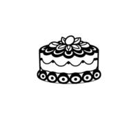 Elegant black and white cake with floral and circular designs, framed by upward and downward pointing arrows, set against a white background. vector
