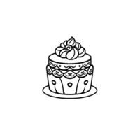 Ornate black and white line drawing of a layered cake with a decorative piped frosting flower, resting on a plate, against a white background. vector