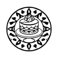 Intricate blackandwhite circular illustration featuring a cake on a cake stand surrounded by ornamental floral and heart motifs, creating a decorative emblem. vector