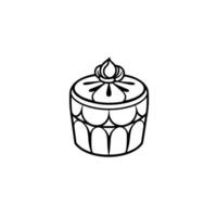 Line art illustration of a tiered, round cake with floral top and scalloped edges, centered on a white background. vector