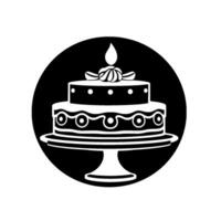 A twotiered, ornate birthday cake with a burning candle and bow, rendered in a bold black and white circular , on a cake stand. vector