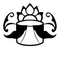 Black and White Abstract Floral with a Central Cylindrical Element and Ornamental Swirls, Set on White Background. vector