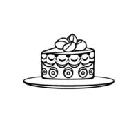 Black and white stylized illustration of a triangular slice of layered cake with decorative patterns and abstract toppings on a plate. vector