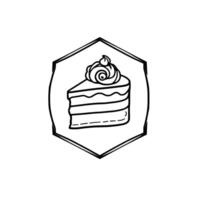 A stylized monochrome illustration of a layered cake slice topped with frosting, framed within a badgelike hexagon. vector
