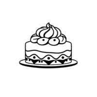 A minimalist blackandwhite illustration of a layered cake with decorative frosting on a plate, with a simple and charming . vector