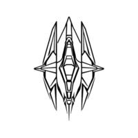 Symmetric Black and White Line Art of a Futuristic Starship with Pointed Wings and a Sharp, Geometric . vector