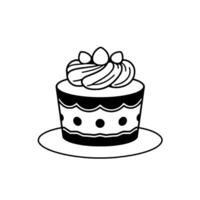 Black and white illustration of a decorated cupcake, featuring swirled frosting, dot pattern, and small eggshaped toppers on a simple plate. vector