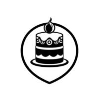 of a decorated layered birthday cake with a lit candle, inside a location marker symbol. vector
