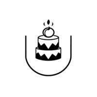 Minimalist Black White Birthday Cake Within a SemiCircular Border with a Candle and a Peach on Top. vector
