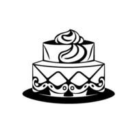 Stylized black and white twotiered cake with ornate decoration, topped with cream swirls, presented on a dark circular plate. vector