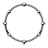 Circular monochromatic illustration of a braided wire frame adorned with evenly spaced square and spherical elements, creating a decorative border. vector
