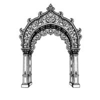 Intricate Black and White Architectural Archway Illustration Featuring Detailed Floral and Scrollwork Ornamentation with Corinthian Capitals. vector