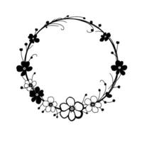 A graceful circular floral frame in stark black and white, featuring stylized blossoms and delicate vines, perfect for elegant elements and invitations. vector