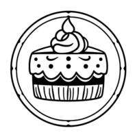 A circular, minimalist black and white features a slice of cake with frosting and decorative elements. vector