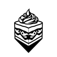 A stylized, geometric illustration of a cake slice with layered patterns and ornate icing, rendered in bold black and white. vector