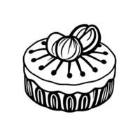 Artistic BW Line Drawing of Round Cake with Floral Decoration, Dots and Elegant Striped Sides, Isolated on White. vector