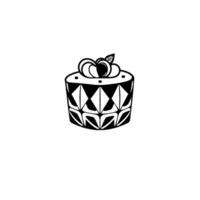 Stylized, monochrome dessert illustration featuring a geometrically patterned cake with fruit topping and a single leaf, set against a white background. vector