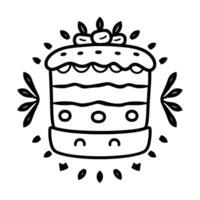 Whimsical Black and White Illustration of a Tiered Cake with Smiling Base and Foliage Decorations. vector