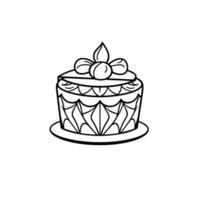 Elegant Minimalist Line Art Illustration of a Decorative Layered Cake with a Floral Topping on White Background. vector