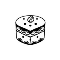 Black and White Illustrated Cake Featuring Decorative Layers, Dots, and a LeafLike Topping Centered on a White Background. vector