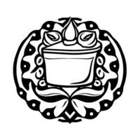 Intricate Black and White BotanicalThemed Mandala with Central Pot, Leaves, and Abstract Floral Elements on a Cream Background. vector