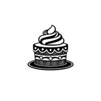 Elegant Black and White Line Art Illustration of a Decorated Layered Cake Topped with Swirled Frosting on a Simple Plate. vector
