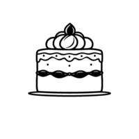 A whimsical, minimalist black and white illustration of a layer cake with decorative icing and dots on a plate. vector