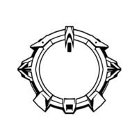 Black and white geometric emblem with angular shapes, circular inner outline, and stylized, sharp elements in a symmetrical arrangement. vector
