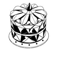 Intricate Black and White Geometric Cake Featuring Layered Floral and Abstract Patterns with a Glossy Topper on a Plate vector