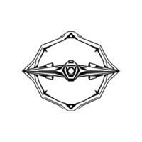 Futuristic symmetrical black and white spacecraft within an angular frame, isolated on white. vector